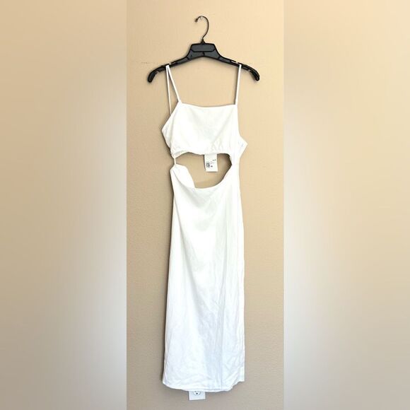 NWT White Linen Blend Cutout Side Slit Midi Dress - Picture 1 of 8